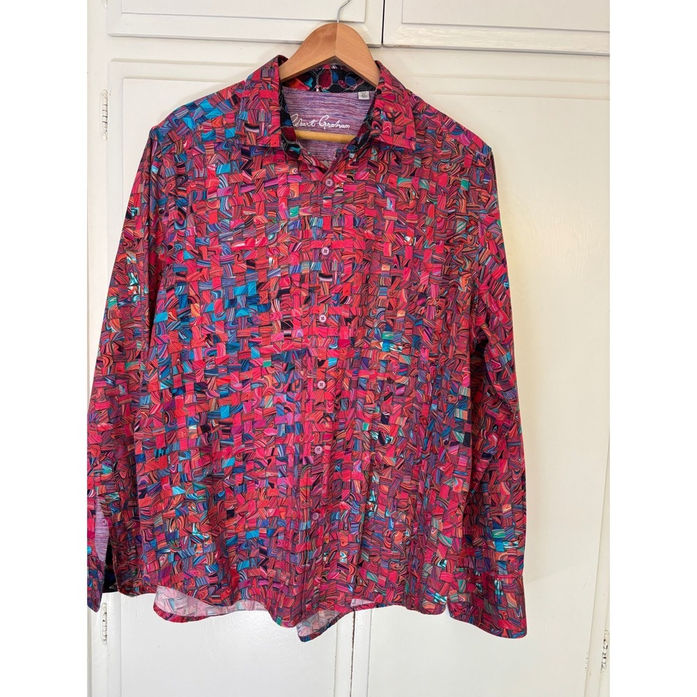 Robert Graham Classic Fit Abstract Basketweave Print Cotton Shirt Mens XL Pink